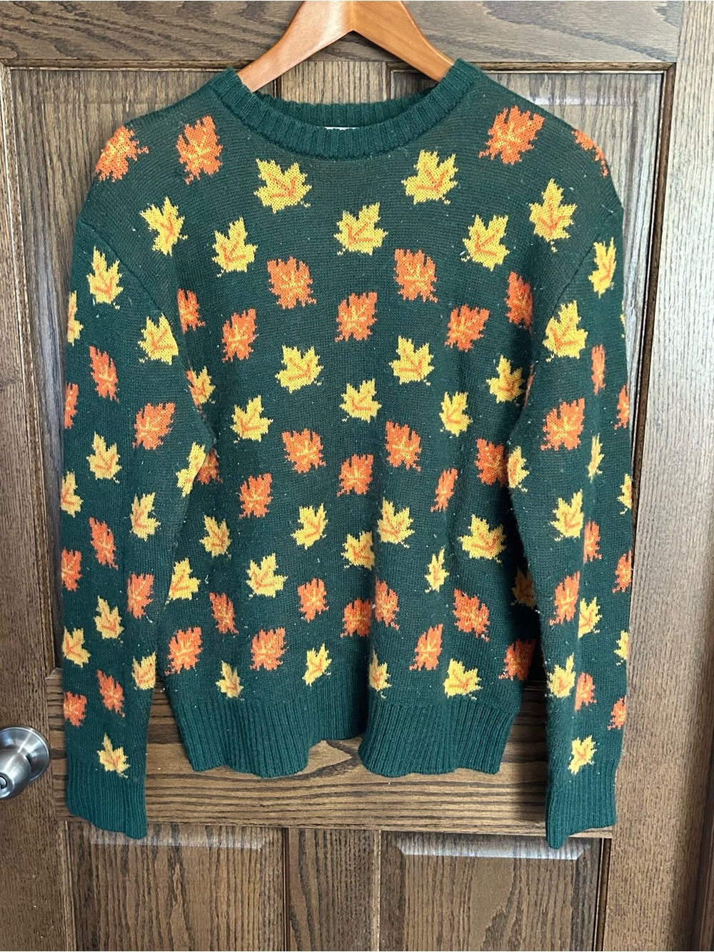 Kiel James Patrick Green Crewneck Sweater with Orange and Yellow Leaf Motif